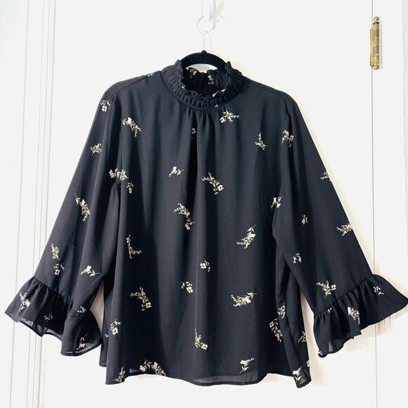 CeCe Tops - CeCe XL high ruffle neck ruffle sleeve floral on black slightly sheer blouse